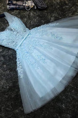 Homecoming Dresses Green, Lovely Blue Tulle V Neckline Short Party Dress, Tulle With Lace Homecoming Dress