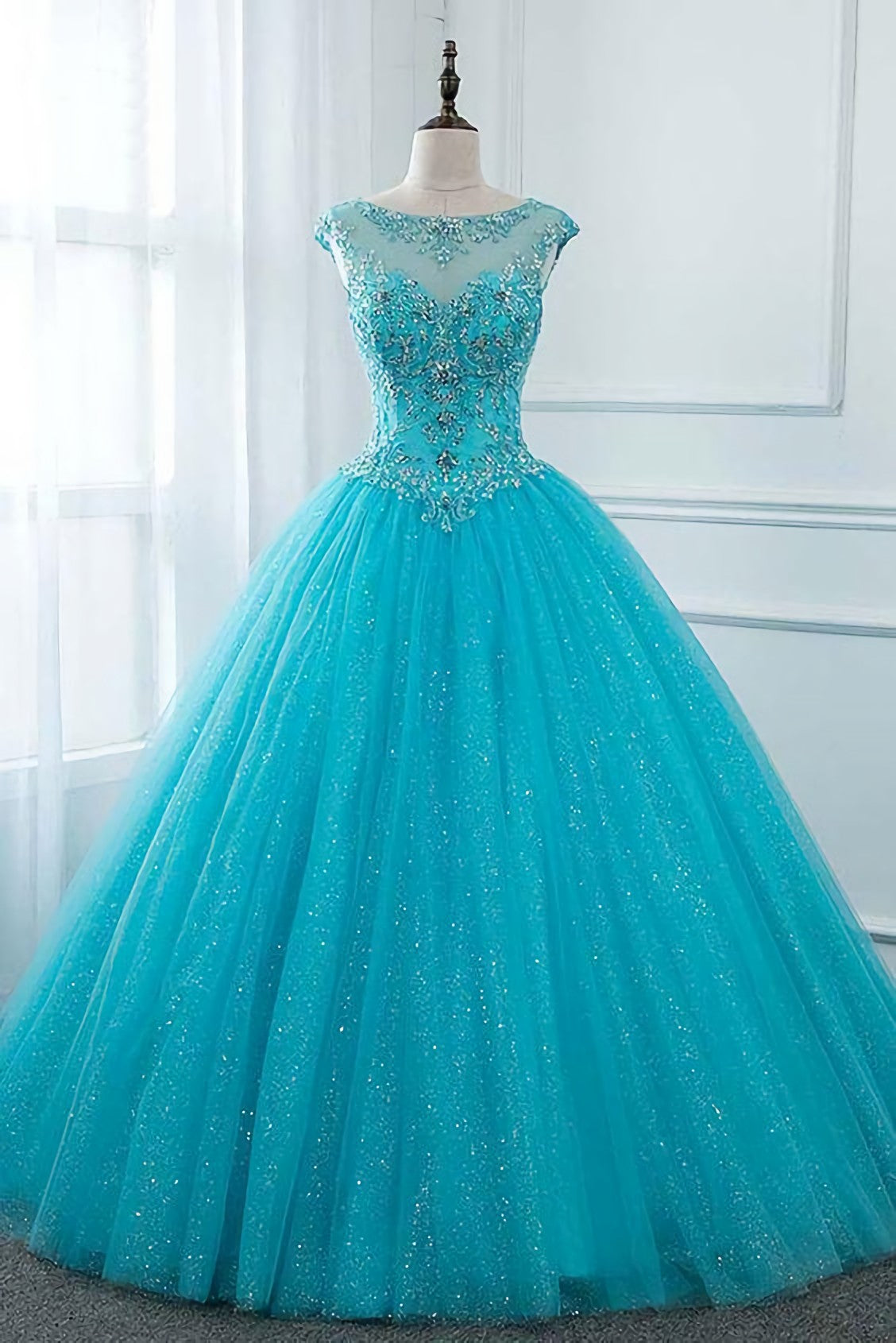Prom Dress Light Blue, Elegant Long Ball Gown Quinceanera Dresses, Beaded Corset Prom Gown