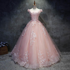 Prom Dresses Long Beautiful, Pink Cap Sleeves Ball Gown Tulle With Lace Sweet 16 Prom Dresses, Long Quinceanera Dresses