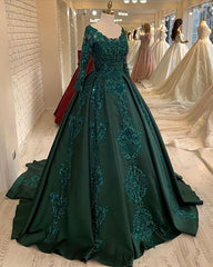 Wedding Dress With Pockets, Long Sleeves Green Wedding Dress, Ball Gown Prom Dress