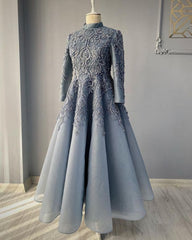 Gold Dress, Modest Blue Prom Dresses, Lace Emroidery Evening Dress