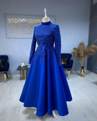 Unique Prom Dress, Modest Blue Prom Dresses, Lace Emroidery Evening Dress