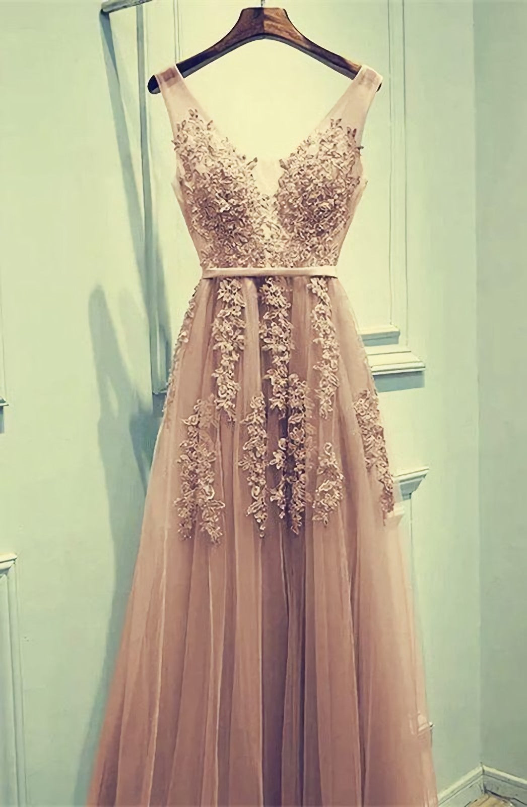 2035 Prom Dress, Lace Prom Dresses, Champagne Tulle Bridesmaid Dresses, Appliques