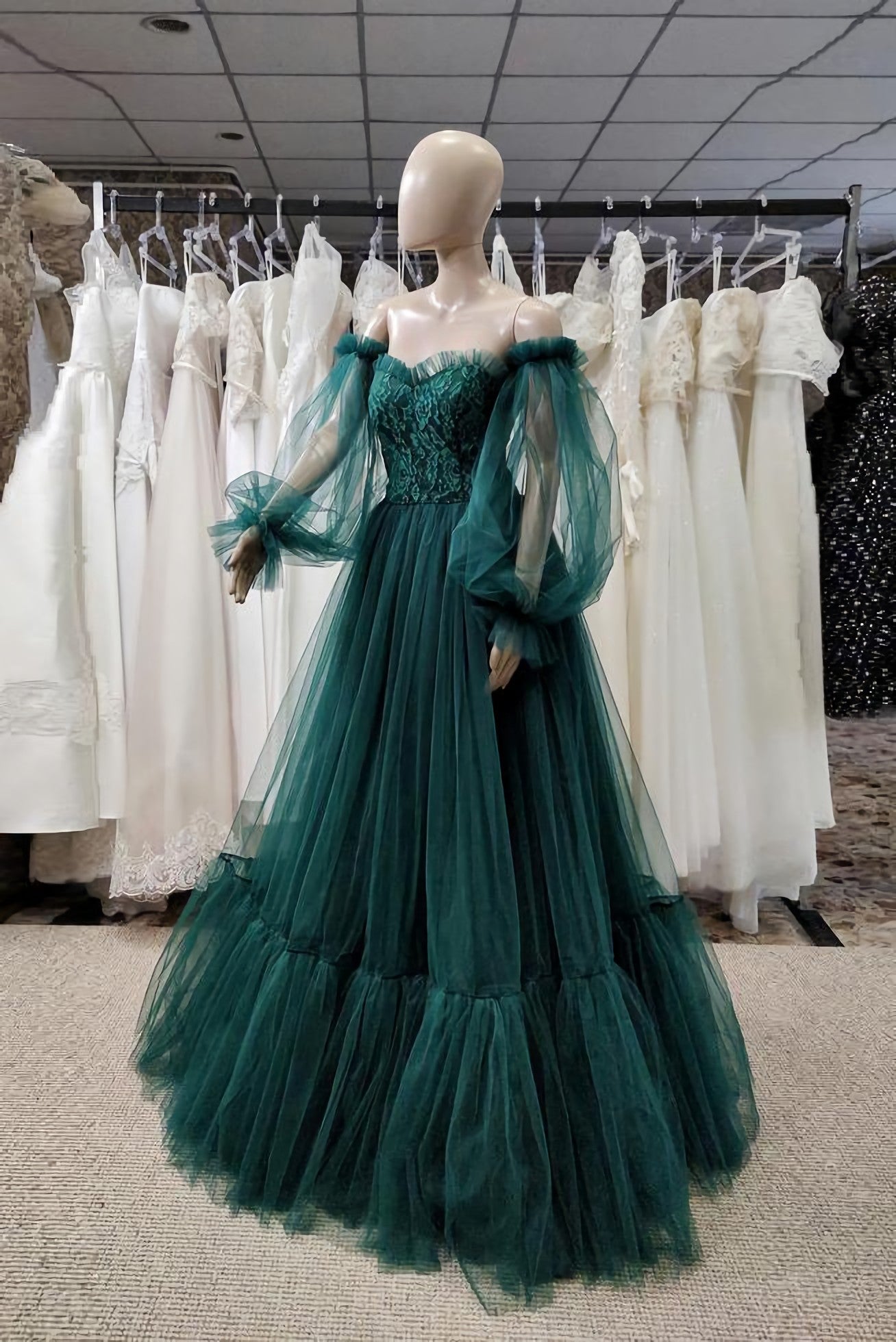 Prom Dress Trends 2034, Pretty Green Lace Prom Dresses, Puff Long Sleeves Off The Shoulder Lace Appliques Tulle Ball Gown