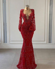 Prom Dress Boutique, Red Prom Dress, Long Prom Dresses, Long Sleeve Lace Mermaid Evening Gowns
