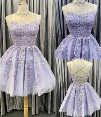 Prom Dress Elegant, Purple Tulle Lace Short A Line Homecoming Dress, Evening Dress