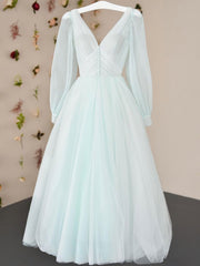 Prom Dresses 2032 Blue, Simple V Neck Tulle Tea Length Prom Dress, Tulle Formal Dress