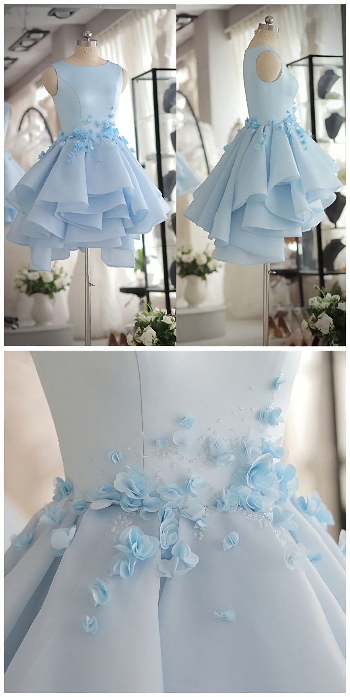 Prom Dresses Casual, Light Blue Satin Organza Short Party Dress, Cute Homecoming Dress