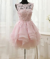 Prom Dresses Brand, Pink Appliques Organza Tiered Short Homecoming Dress, Simple Homecoming Dresses