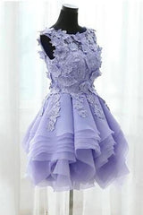 Prom Dress Brands, Pink Appliques Organza Tiered Short Homecoming Dress, Simple Homecoming Dresses