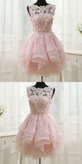 Prom Dresses For 032, Pink Appliques Organza Tiered Short Homecoming Dress, Simple Homecoming Dresses