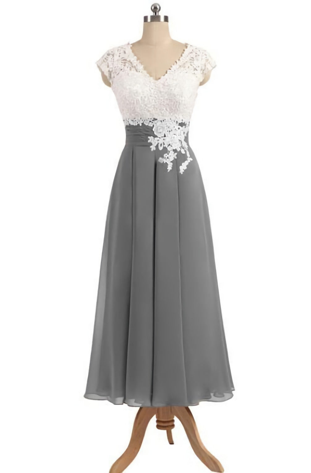 Prom Dresses Purple, Ankle Length V Neck Cap Sleeves Silver Gray Mother Of The Bride Dresses, Prom Dress, With Appliques