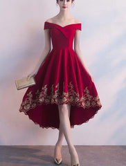 Homecoming Dresses Knee Length, Beautiful Red High Low Party Dress, With Gold Applique Stylish Formal Dress, Cute Party Dress, Homecoming Dress