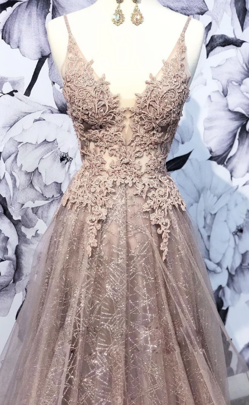 Prom Dress Sleeves, Champagne V Neck Tulle Lace Long Prom Dress, Champagne Tulle Evening Dress