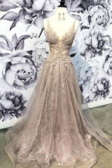 Prom Dresses Sleeve, Champagne V Neck Tulle Lace Long Prom Dress, Champagne Tulle Evening Dress