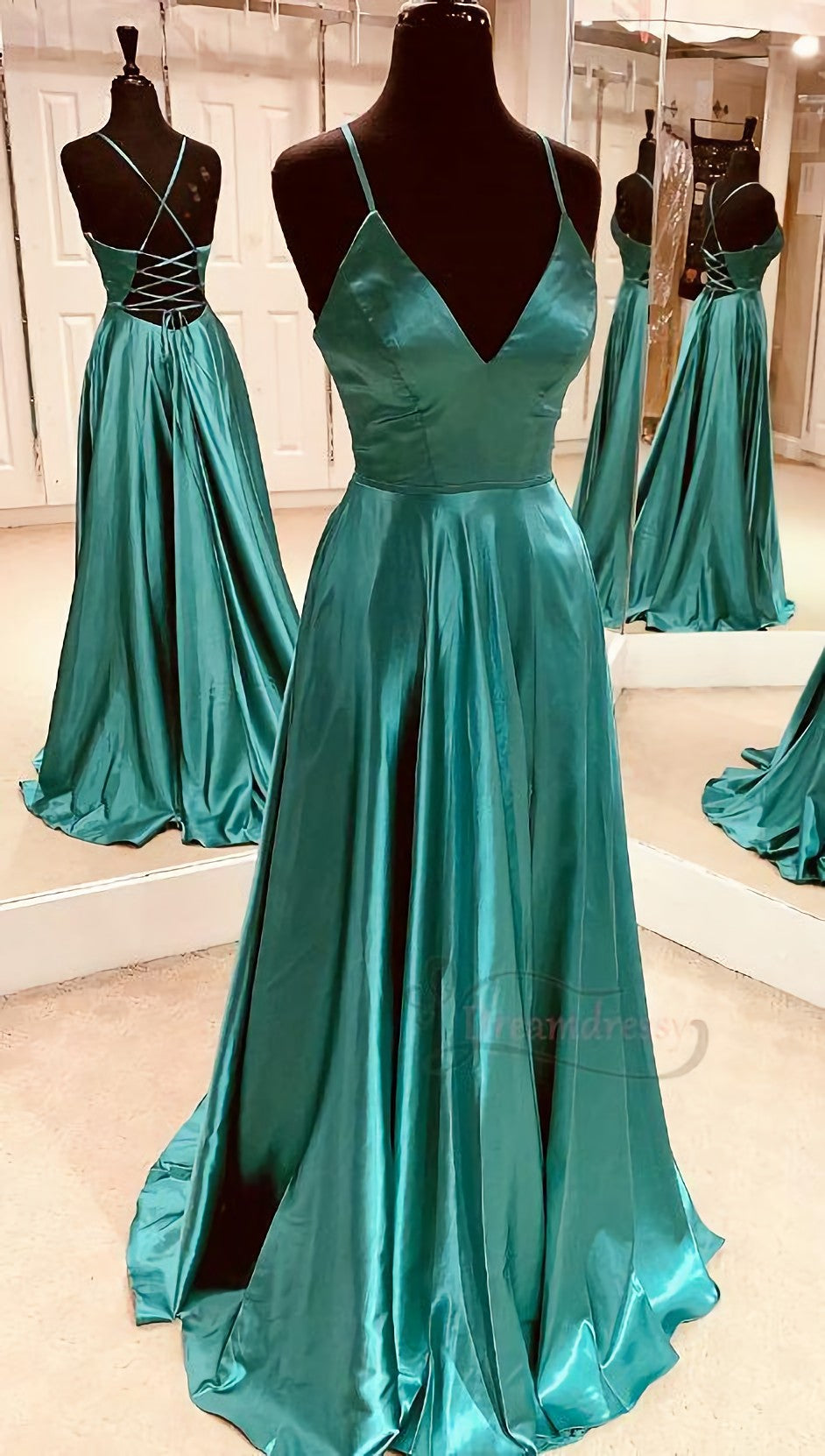 Prom Dress Floral, Simple A Line V Neck Teal Long Prom Dress, With Lace Up Back