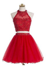Homecoming Dress Black Girl, Two Piece Scoop Short Red Organza Beaded Homecoming Dress, With Appliques Sequins