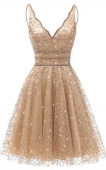 Homecoming Dresses Sage Green, A Line V Neck Knee Length Gold Sequins Homecoming Dress, With Beading