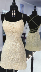 Prom Dress Shops Near Me, Tight Yellow Lace Homecoming Dresses, Short Yellow Homecoming Dress, With Lace Up Back
