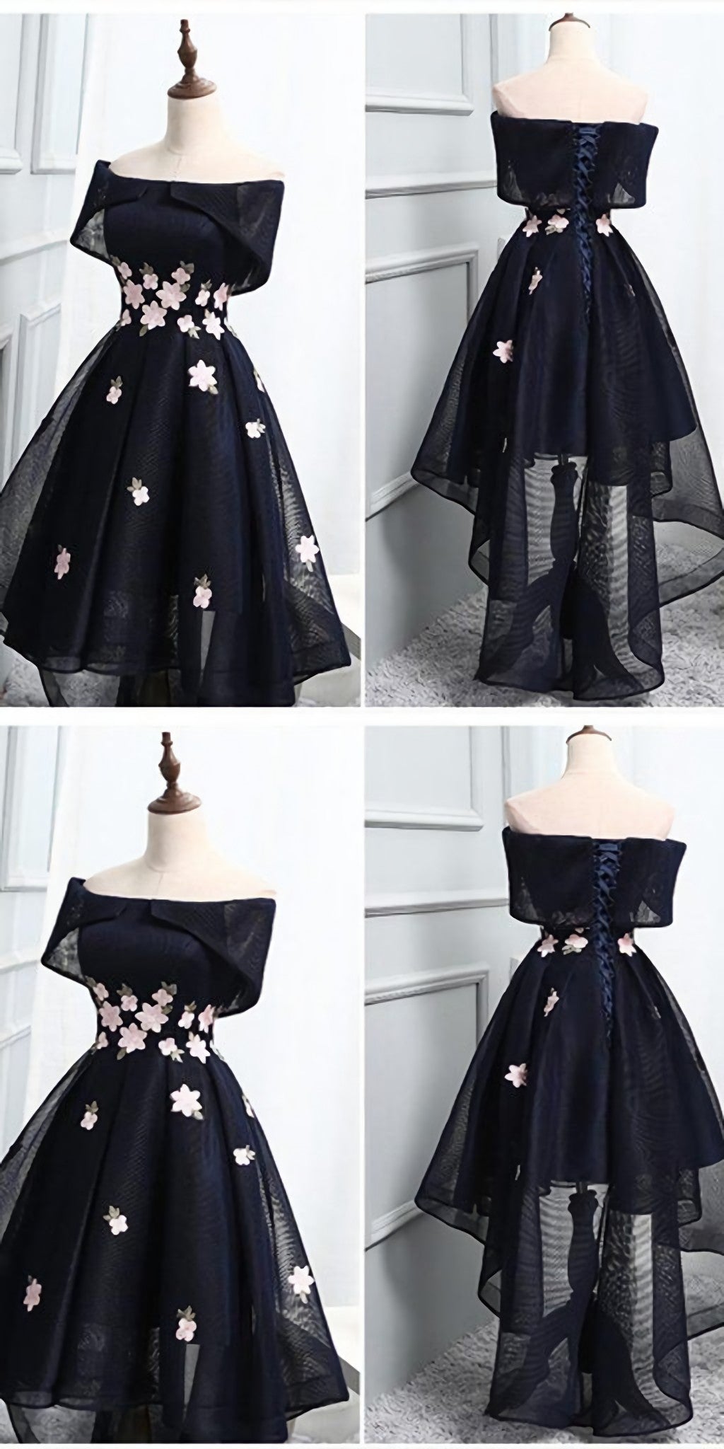 Prom Dresses V Neck, Off The Shoulder Black Organza Homecoming Dresses, With Handmade Flower Short Homecoming Dresses