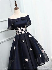 Prom Dresses Mermaid, Off The Shoulder Black Organza Homecoming Dresses, With Handmade Flower Short Homecoming Dresses