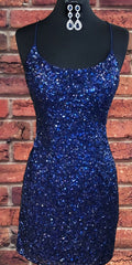 Prom Dress V Neck, Sparkly Sequin Royal Blue Sheath Homecoming Dress