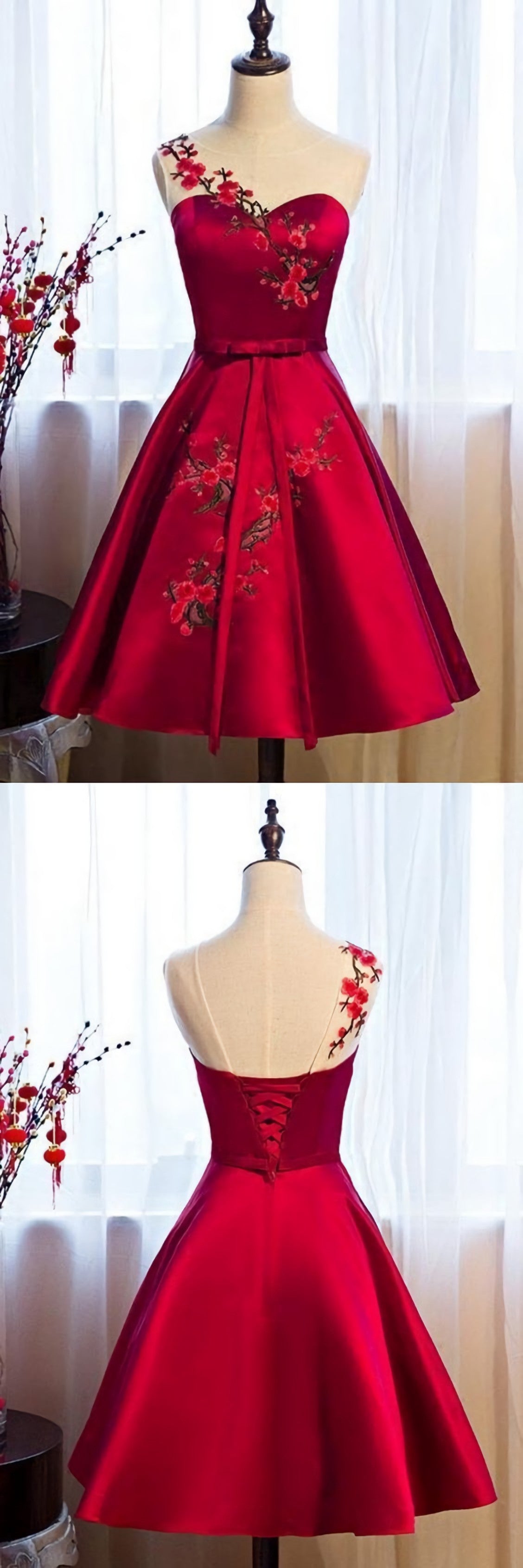 Prom Dress Dresses, Burgundy Satin Homecoming Dresses, With Applique