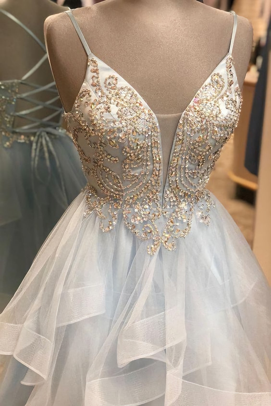 Homecoming Dresses, A Line Spaghetti Straps Light Sky Blue Short Homecoming Dress, With Beading