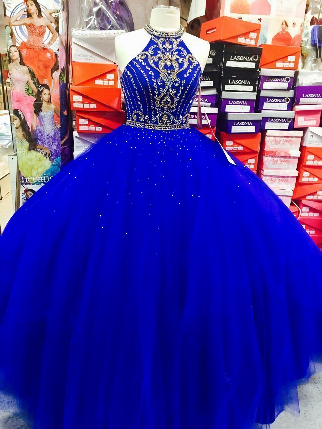 Prom Dresses Designers, Royal Blue Halter Tulle Quinceanera Dresses, Elegant Ball Gown Prom Dresses, Sweet 16 Prom Dress