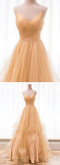 Prom Dresses Curvy, Custom Made Gold V Neck Tulle Long Prom Dress, Evening Dress