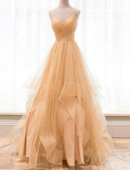 Prom Dresses Modest, Custom Made Gold V Neck Tulle Long Prom Dress, Evening Dress