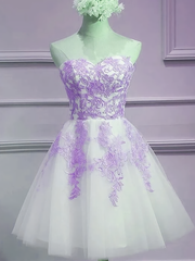 Prom Dresses Under 211, Lovely Sweetheart White Tulle With Purple Lace Cute Party Homecoming Dress
