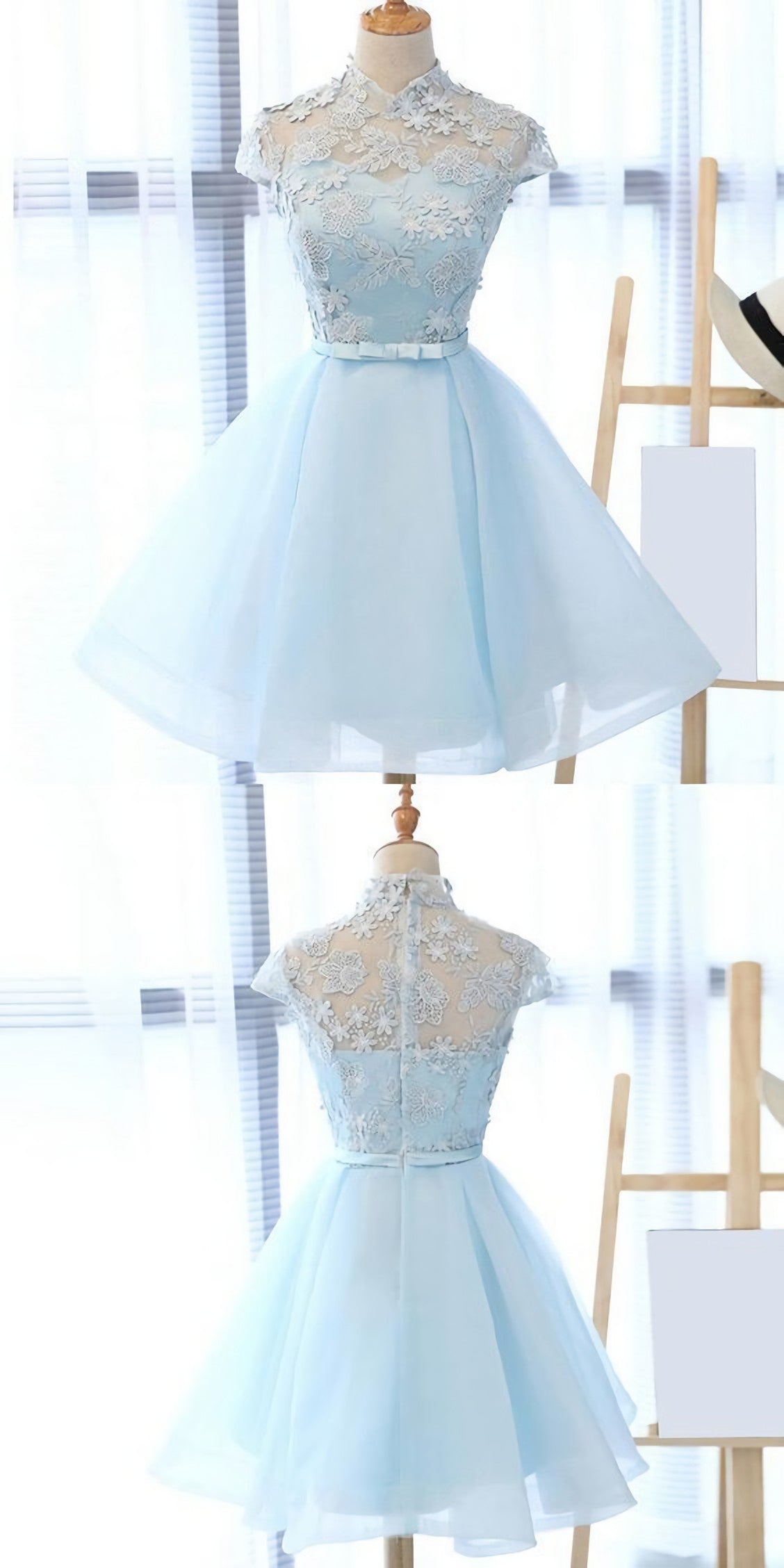 Prom Dresses Elegent, Chic Light Sky Blue Homecoming Dress, Tulle High Neck Homecoming Dress, Party Dress