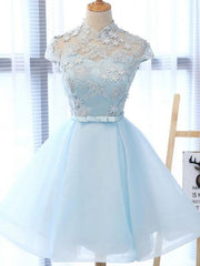 Prom Dress Elegent, Chic Light Sky Blue Homecoming Dress, Tulle High Neck Homecoming Dress, Party Dress