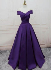 Prom Dresses Long With Sleeves, Dark Purple Off Shoulder Satin Long Formal Gown Prom Dresses