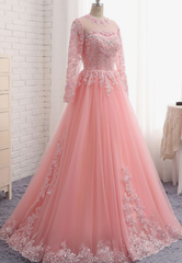 Prom Dresses 2033 Ball Gown, Charming Long Sleeve Appliques Pink Tulle Prom Dresses, Elegant Evening Formal Dress