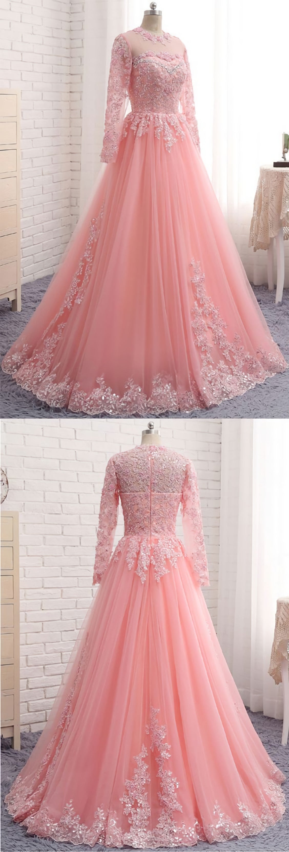 Prom Dress Black, Charming Long Sleeve Appliques Pink Tulle Prom Dresses, Elegant Evening Formal Dress