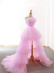 Prom Dress Long With Sleeves, New Arrival High Low Pink Prom Dresses, With Ruched Evening Dresses