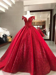 Bridesmaid Dress, Elegant Red Ball Gown Sparkly Sequin Quinceanera Prom Dresses