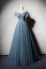 Prom Dressed Black, Blue Tulle V Neck Off Shoulder Long Senior Prom Dress, Evening Dress