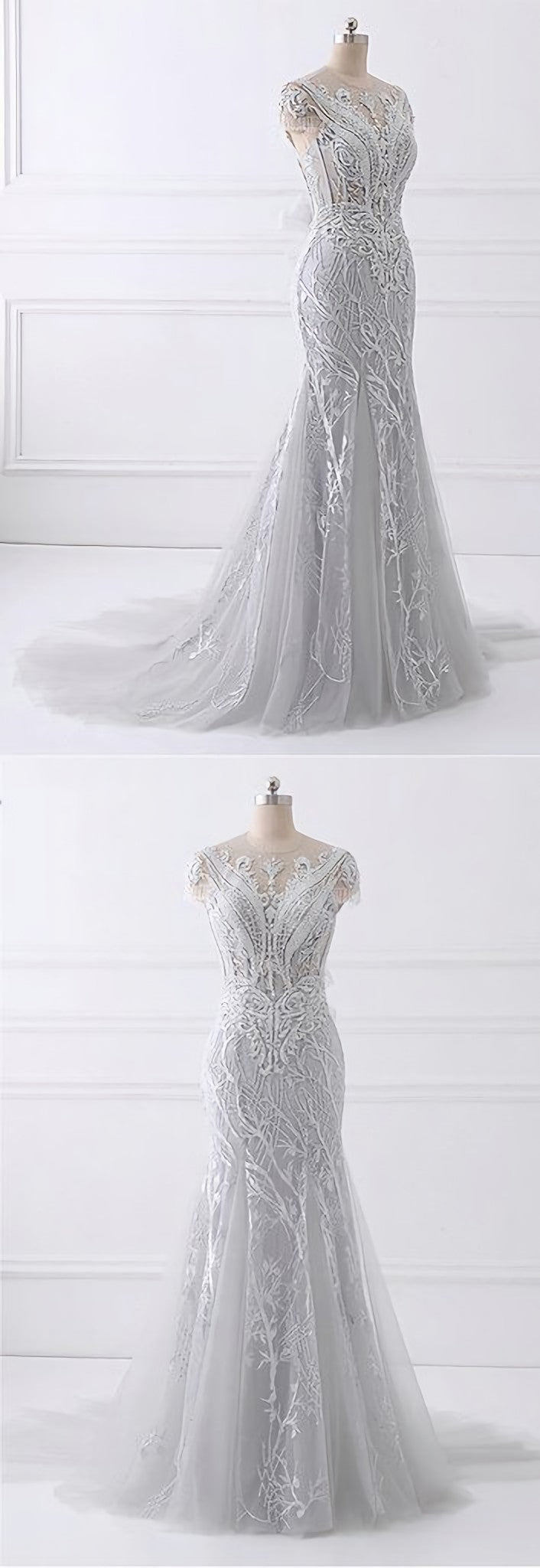 Prom Dress Long With Slit, Spring Gray Tulle Long Mermaid Prom Dress, Beaded Lace Evening Gown