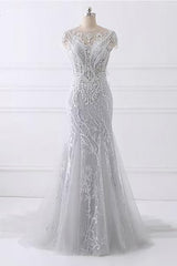 Prom Dress Glitter, Spring Gray Tulle Long Mermaid Prom Dress, Beaded Lace Evening Gown