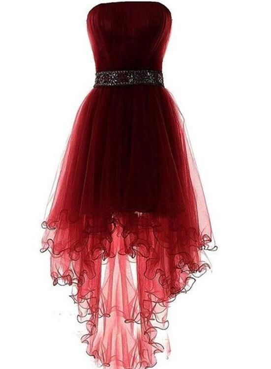 Prom Dress Boho, Wine Red Homecoming Dress, Burgundy High Low Party Dress with Beadings