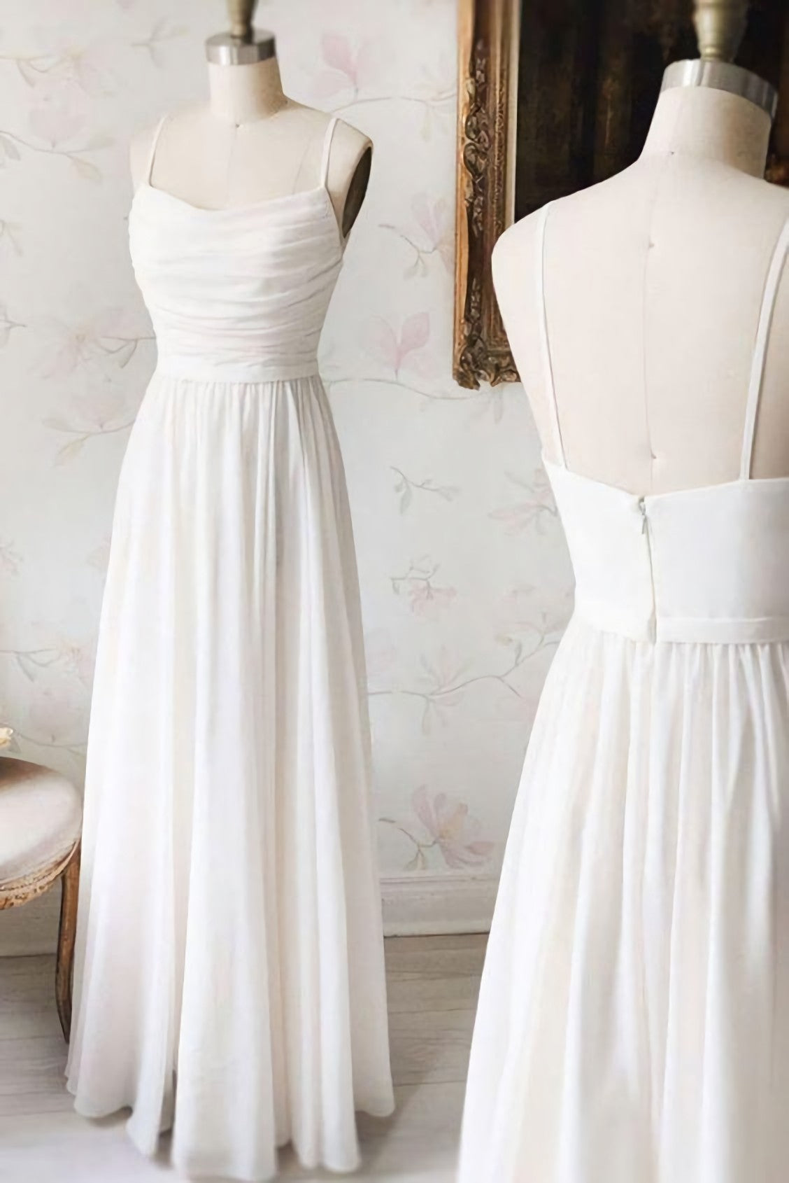 Prom Dresses Chicago, Simple White Chiffon V Neck Long Prom Dress, White Evening Dress