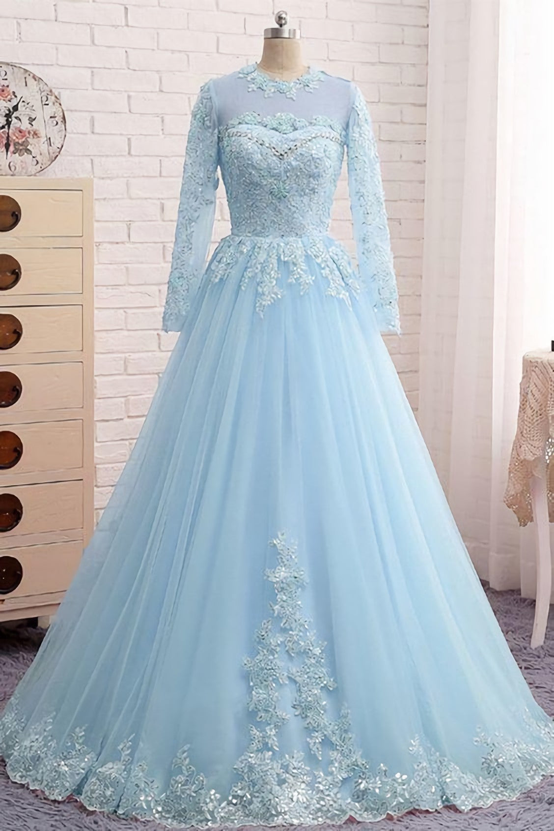 Prom Dress Long Sleeve Ball Gown, Blue Lace Tulle Long Sleeve Beaded Formal Prom Dress