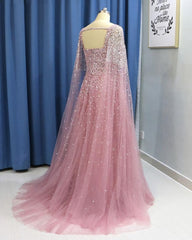 Prom Dress 11, Pink Tulle Open Back Long Sleeve Sequins Evening Dress, Formal Prom Dress