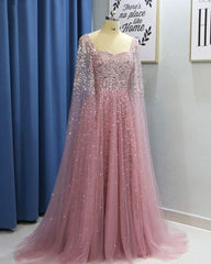 Prom Dresses 11, Pink Tulle Open Back Long Sleeve Sequins Evening Dress, Formal Prom Dress