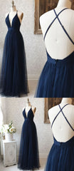 Prom Dresses Pieces, A Line V Neck Navy Blue Backless Prom Dresses, Dark Navy Blue Backless Tulle Evening Formal Dresses