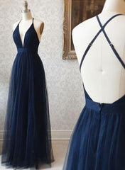 Prom Dress Piece, A Line V Neck Navy Blue Backless Prom Dresses, Dark Navy Blue Backless Tulle Evening Formal Dresses