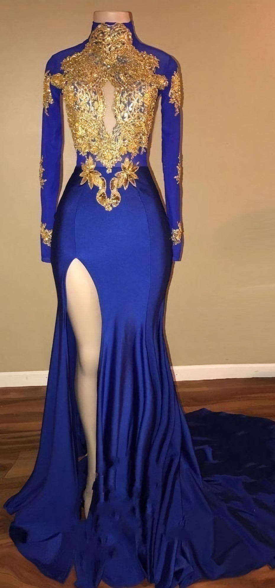 Prom Dress Under 61, Gorgeous Royal Blue Prom Dresses, Gold Appliques Side Slit Mermaid Evening Dresses_